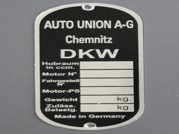 Typenschild DKW Chemnitz, leer