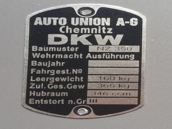 Typenschild für DKW NZ 350